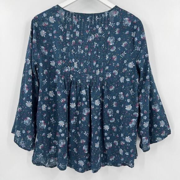 J. Jill 100% Cotton Pintucked Ditsy Floral Blouse Pleated Blue Green Size Medium - Picture 5 of 9